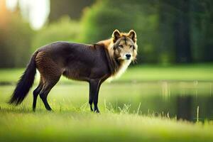 une Loup est permanent dans le herbe près une lac. généré par ai photo