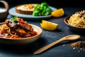 une assiette de spaghetti avec Viande et sauce. généré par ai photo