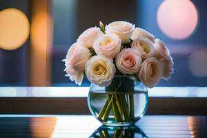 une vase de rose des roses séance sur une tableau. généré par ai photo
