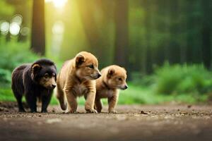 Trois chiots en marchant sur une saleté route dans le forêt. généré par ai photo