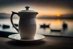 une café pot est assis sur une soucoupe dans de face de une lac. généré par ai photo