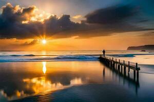 une homme des stands sur une jetée à le coucher du soleil. généré par ai photo