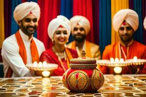 Indien mariage la cérémonie dans le ville. généré par ai photo