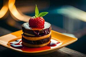 une empiler de Chocolat gâteau avec des fraises sur Haut. généré par ai photo