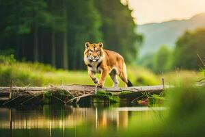 une tigre en marchant à travers une Journal dans le forêt. généré par ai photo