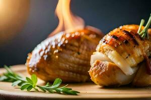 grillé poulet sur une en bois assiette avec herbes. généré par ai photo