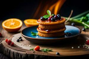 une empiler de Crêpes avec baies et herbes sur une plaque. généré par ai photo