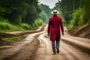 une homme dans une rouge manteau et chapeau en marchant vers le bas une saleté route. généré par ai photo