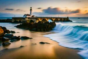 une phare et vagues s'écraser dans le océan à le coucher du soleil. généré par ai photo