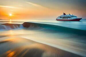 une croisière navire dans le océan à le coucher du soleil. généré par ai photo