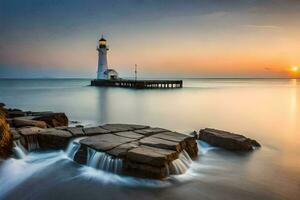 une phare à le coucher du soleil avec rochers et l'eau. généré par ai photo