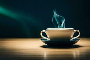 une tasse de café sur une table avec fumée à venir en dehors de il. généré par ai photo