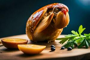 une poulet avec une tête et jambes sur une Coupe planche. généré par ai photo