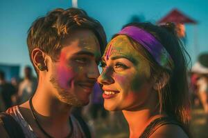 Jeune couple avec multicolore visages. produire ai photo