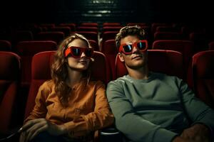 Jeune couple en train de regarder film dans cinéma. produire ai photo
