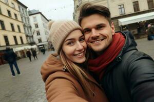 Jeune content couple prise selfie dans ville. produire ai photo