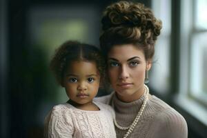 Jeune femme avec peu africain enfant à Accueil la fenêtre. produire ai photo