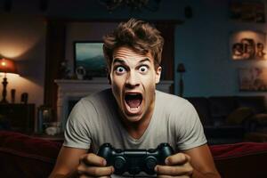 Jeune homme en jouant vidéo Jeux à Accueil avec marrant affronter. produire ai photo