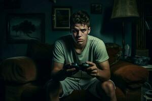Jeune homme en jouant vidéo Jeux à maison. produire ai photo