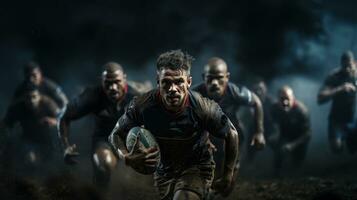 le rugby joueurs dans action, mouvement brouiller effet. mixte médias. photo