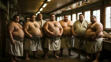 groupe de Japonais sumo lutteur entraînement. photo