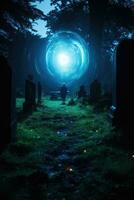 embrasé orbes et anomalie lumières capturé dans vieux effrayant sinistre cimetière photo