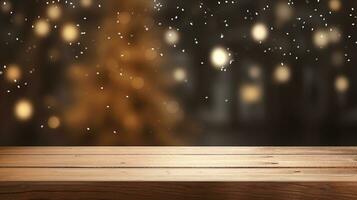 fermer de une lumière marron en bois table avec une Noël arbre dans une floue hiver nuit arrière-plan, idéal pour produit placement dans le de fête vacances saison, ai génératif photo