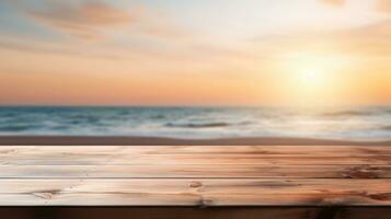 fermer de une lumière marron en bois table avec une le coucher du soleil à le plage floue arrière-plan, idéal pour produit placement dans une bord de mer commercialisation concept, ai génératif photo