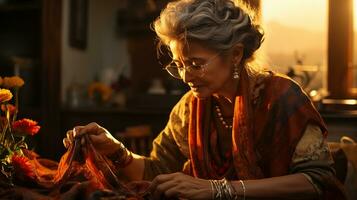 moderne traditionnel patrimoine artisanat, fermer de personnes âgées Indien femme tricot traditionnel en tissu dans après midi lumière - embrassement art et culturel patrimoine, ai génératif photo
