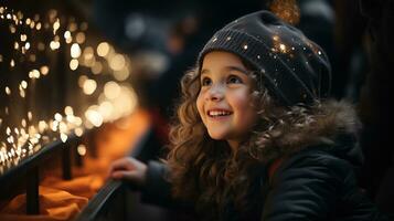 souriant fille à hiver Noël marché, délicieux moment comme elle admire Noël ornements au milieu de le chaud lueur de Noël nuit lumières, hiver nuit, ai génératif photo