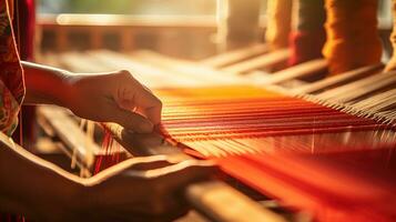 célébrer moderne traditionnel patrimoine artisanat, fermer de mains tissage une coloré textile sur une en bois métier à tisser avec copie espace pour Créatif expressions, ai génératif photo