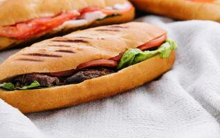 Trois Frais sous des sandwichs sur une tissu Contexte photo