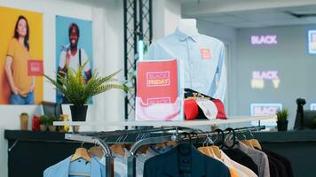 saisonnier Ventes Étiquettes dans Vêtements magasin, rouge prix Mots clés sur marchandise indiquant promotions. attirer clients à acheter vêtements de divers marques pendant noir Vendredi un événement à département magasin. photo