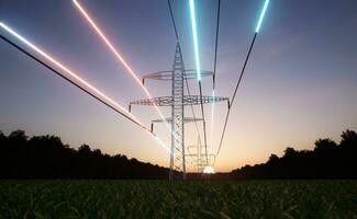 énergie courant écoulement par acier la tour haute Tension Puissance lignes plus de lever du soleil horizon ciel. électrique câbles transmettre électricité obtenu de durable sources, 3d rendre animation photo