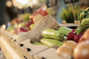 coloré Frais des fruits et des légumes de Naturel récolte, biologique citrouille ou Zucchini posé sur Les agriculteurs marché rester. bio brut légumes et éco produire de ferme jardin, nourriture marché. proche en haut. photo