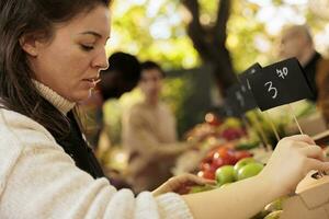 proche en haut de femelle vendeur en mettant prix Mots clés pour chaque produit tandis que travail à Les agriculteurs marché, sélectif se concentrer. femme petit affaires propriétaire vente Frais biologique fait maison des fruits et des légumes photo