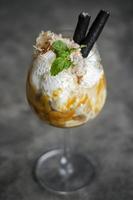 Noix de coco biologique gastronomique et caramel avec dessert sundae à la crème glacée dans un verre à vin photo