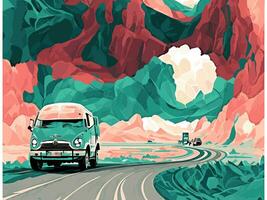 voiture en voyageant le long de le route dans le montagnes illustration. photo