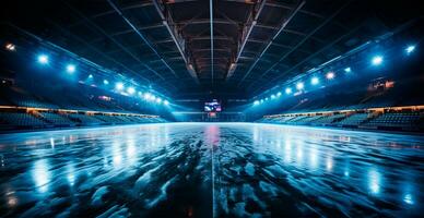 le hockey stade, vide des sports arène avec la glace patinoire, du froid Contexte - ai généré image photo