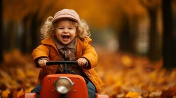 une Jeune enfant équitation une peu voiture par le feuilles dans le tomber photo