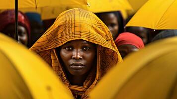 femme entouré par foule de gens dans Jaune et Orange photo