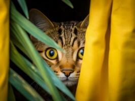 adorable chaton furtivement en dehors de derrière une rideau ai génératif photo