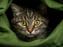 adorable chaton furtivement en dehors de derrière une rideau ai génératif photo