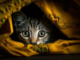 adorable chaton furtivement en dehors de derrière une rideau ai génératif photo