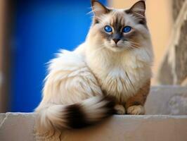 majestueux chat avec frappant bleu yeux séance royalement sur une escalier ai génératif photo