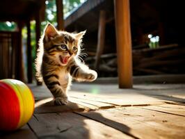 malicieux chaton ludique écrasement à une balançant jouet ai génératif photo