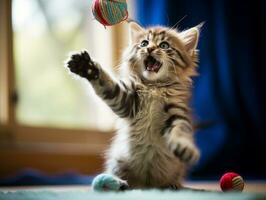 malicieux chaton ludique écrasement à une balançant jouet ai génératif photo