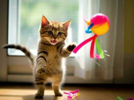 malicieux chaton ludique écrasement à une balançant jouet ai génératif photo