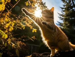 espiègle chat au bâton à chute l'automne feuilles dans une ensoleillé jardin ai génératif photo