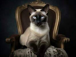 royal Siamois chat posé sur une luxueux chaise ai génératif photo